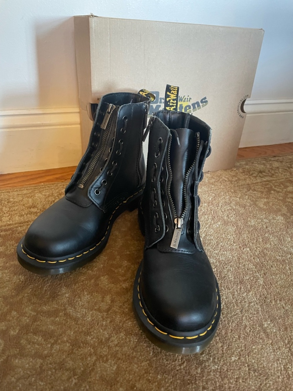 Dr. Martens Black Leather Women's Lace-Up Zip Combat Boots with Yellow Stitching